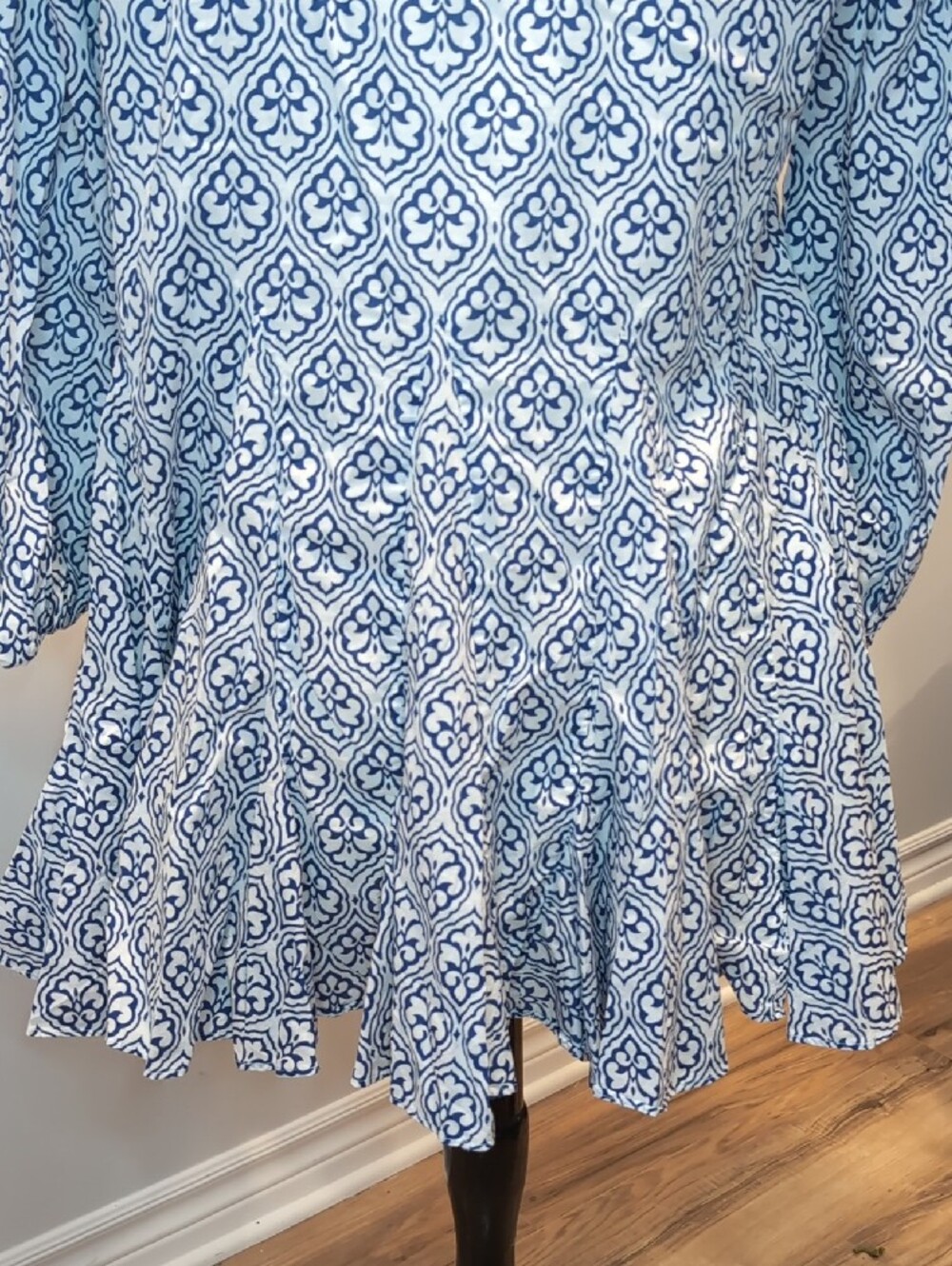 Zara Blue & White Geometric Patterned Button-Up Dress Skater Style Large - Picture 7 of 9